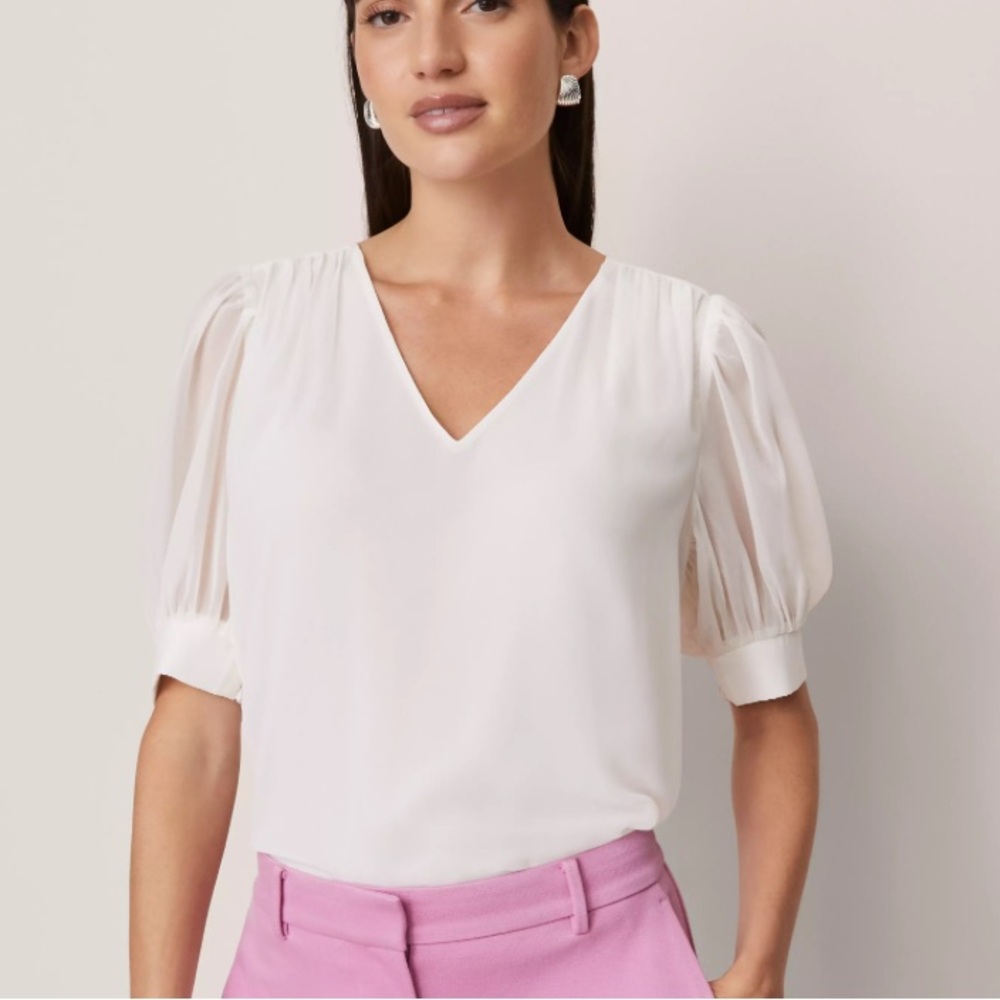 Calvin Klein Cream V-Neck Puff Sleeve Blouse